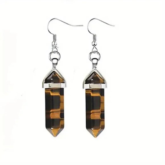 Tiger Eye Natural Stone Gemstone Handmade Hexagon Point Dangle Earrings - Picture 2 of 2